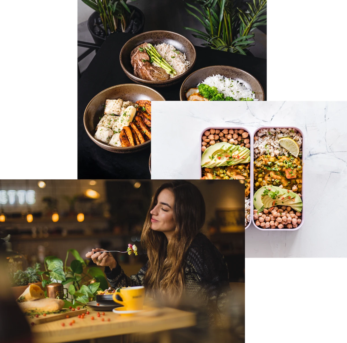 Woman enjoying food, meals in bowls and storage containers